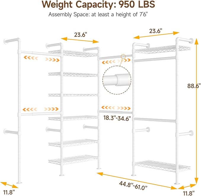 ONBRILL L4 Wall Mounted Industrial Pipe Clothing Rack, Closet Organizer System - Image 3