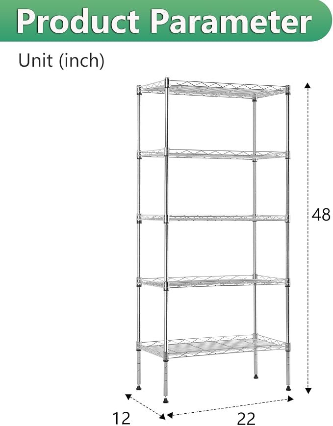 BestOffice | 5-Tier Wire Shelf | 22" x 12" x 48" | Chrome | Storage Shelves - Image 3