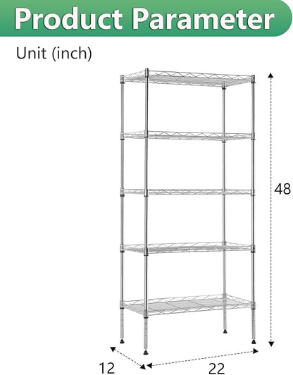 BestOffice | 5-Tier Wire Shelf | 22" x 12" x 48" | Chrome | Storage Shelves - Image 3