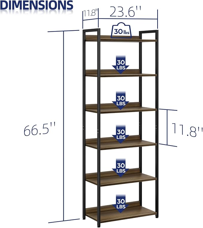 NUMENN Bookshelf, 6 Tier Freestanding Shelving Unit, Dark Walnut | Metal Frame - Image 3
