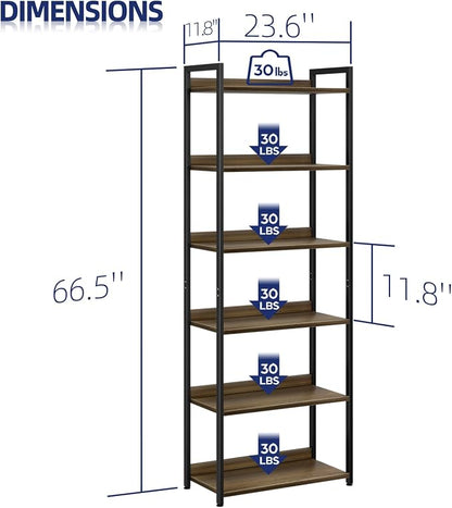 NUMENN Bookshelf, 6 Tier Freestanding Shelving Unit, Dark Walnut | Metal Frame - Image 3