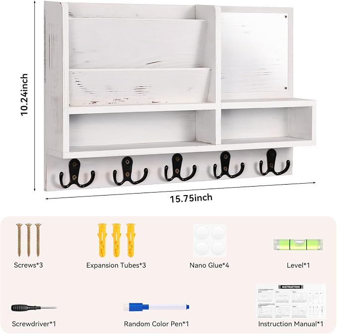 Key Holder Wall Mount, Mail Organizer Wall Mounted, Solid Wood Key Holder - Image 2