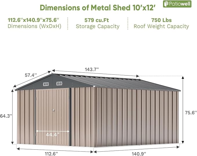 Patiowell 10x12 FT Storage Shed, Outdoor Metal Sheds - Image 2