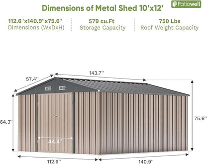 Patiowell 10x12 FT Storage Shed, Outdoor Metal Sheds - Image 2