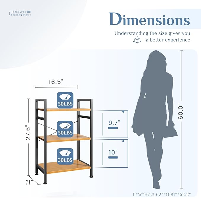 DUMOS 3 Tier Bookshelf, Home Office Bookcase Shelf Storage Organizer | Free - Image 3