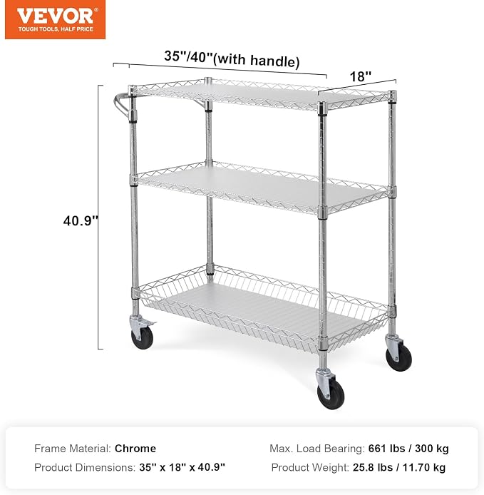 VEVOR Kitchen Utility Cart, 3 Tiers, Wire Rolling Table - Image 7
