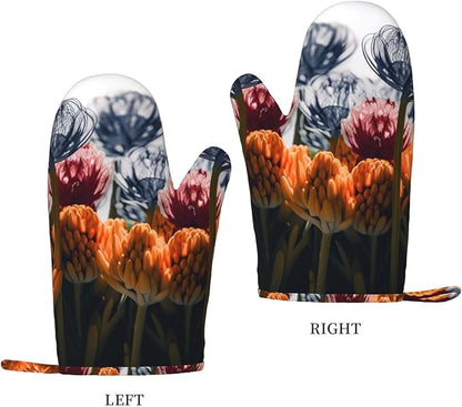 Flowers Print Oven Mitts Set of 2, Heat Resistant Silicone Oven Mittens Gloves - Image 2