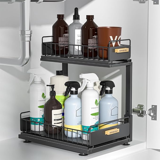 Under Sink Organizer Kitchen, 2 Tier Under Sink Organizers and Storage by HOMEBOSILY
