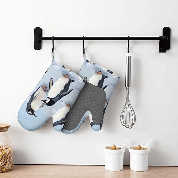 Cute Penguins Print Oven Mitts Set of 2, Heat Resistant Silicone Oven Mittens - Image 7