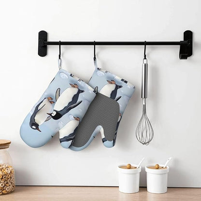 Cute Penguins Print Oven Mitts Set of 2, Heat Resistant Silicone Oven Mittens - Image 7