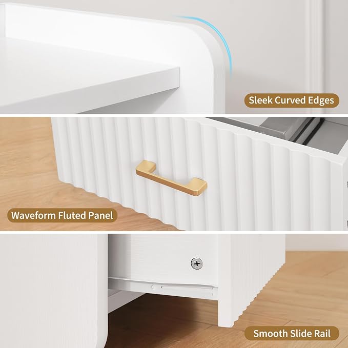 Night Stand with Charger Station, Fluted Wood Nightstand with Drawer Storage - Image 6