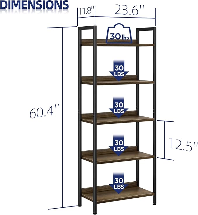 NUMENN Bookshelf, 5 Tier Freestanding Shelving Unit, Dark Walnut | Metal Frame - Image 3