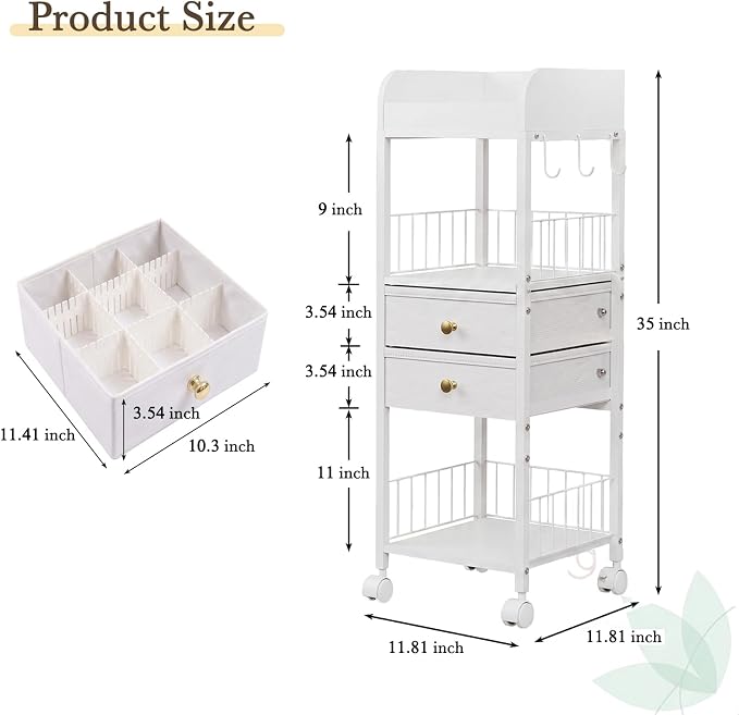 Makeup Organizer Cart with Drawers & 8 Dividers, Rolling Beauty Cart with Hooks - Image 3