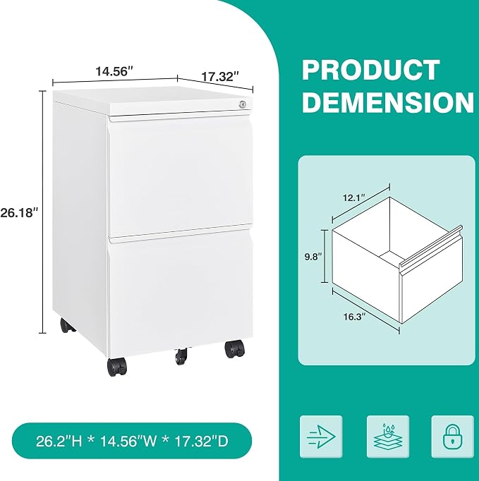 SISESOL Assembled 2 Drawer File Cabinet on Wheels, Metal Filing Cabinet - Image 3