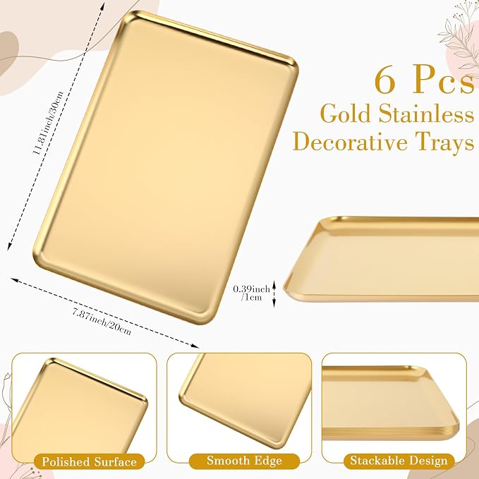 Vesici 6 Pcs Gold Metal Serving Tray Bulk Stainless Steel Rectangle Platters - Image 2