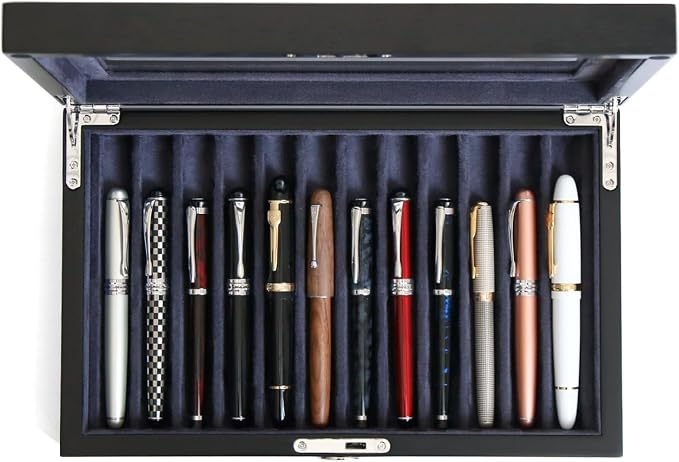 Wooden Pen Display Case – 12 Slot Lockable Fountain Pen Storage Box, Gift by Besforu