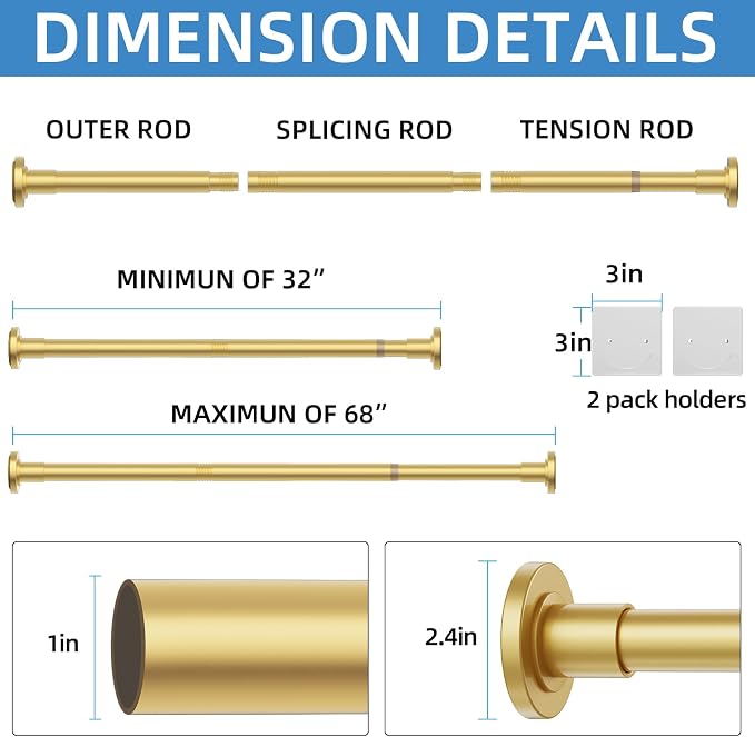CorkLatta Gold Adjustable Shower Curtain Rod 32 to 68 inch - Image 4