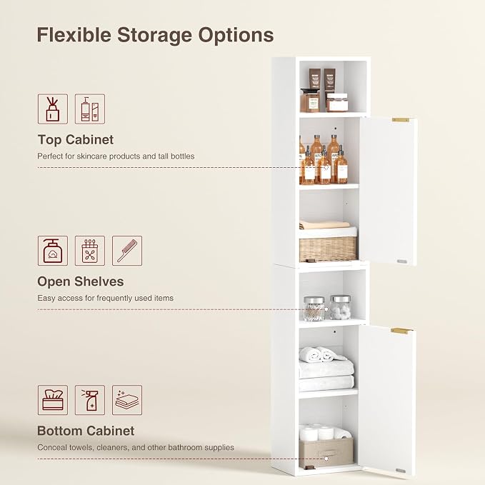 AKMAKM 59.1" Tall Slim Bathroom Storage Cabinet White | Freestanding or Wall - Image 5