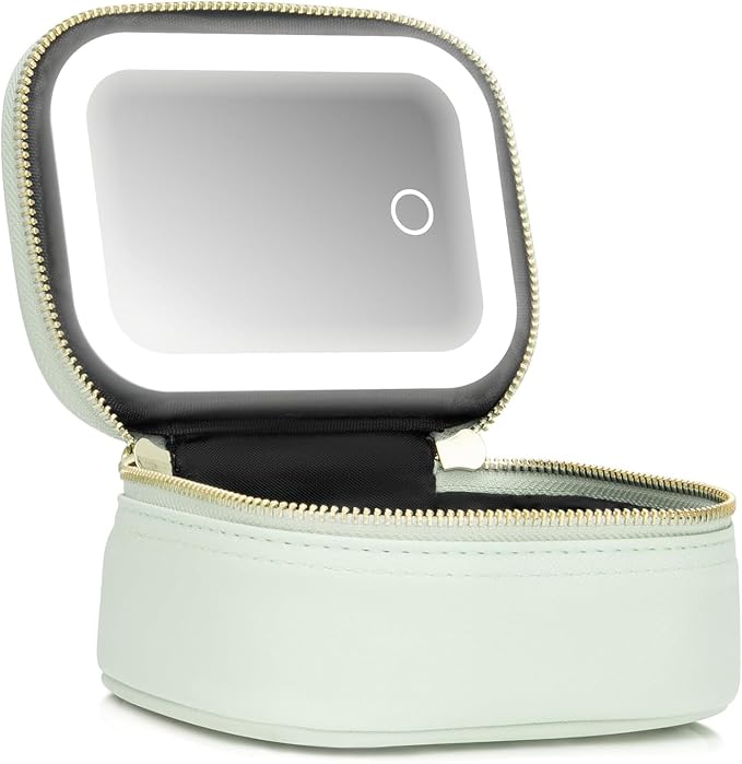 Small Makeup Bag with Led Mirror, Mini Travel Make up Bag 3 Light Modes by Extrei+Gent