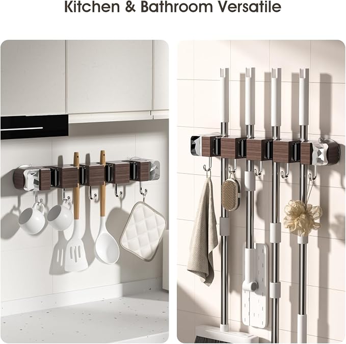 Suction Cup No Drilling Broom Holder Wall Mount, Walnut Color Mop Organizer - Image 7