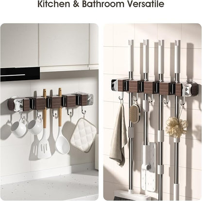 Suction Cup No Drilling Broom Holder Wall Mount, Walnut Color Mop Organizer - Image 7