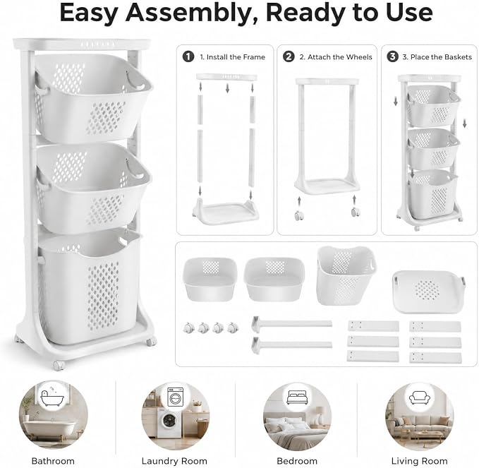 3 Tier Laundry Basket, Stackable Rolling Laundry Sorte Multi-functional Clothes - Image 8