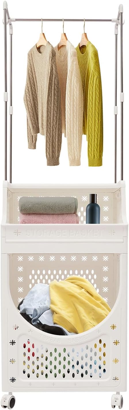 Rolling Laundry Hamper with Hanging Rod, 3-Tier Laundry Hamper Cart with 6 Hooks by Unknown