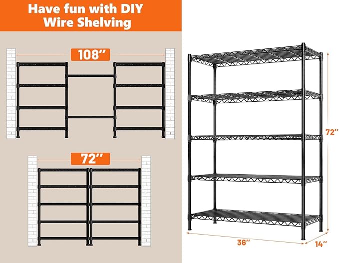 REIBII 5 Shelf Metal Shelving 72''H Storage Shelves Steel Wire Shelving - Image 3