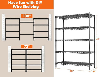 REIBII 5 Shelf Metal Shelving 72''H Storage Shelves Steel Wire Shelving - Image 3