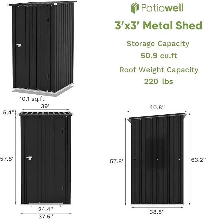 Patiowell 3x3 FT Storage Shed, Outdoor Metal Small Sheds - Image 2
