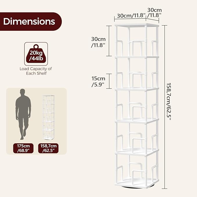 MAHANCRIS 5-Tier Rotating Bookshelf, Freestanding Corner Bookshelf, 360° - Image 3