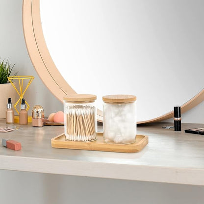 Bamboo Vanity Tray, Bathroom Tray Organizer Glass Qtip Holder Dispenser - Image 4