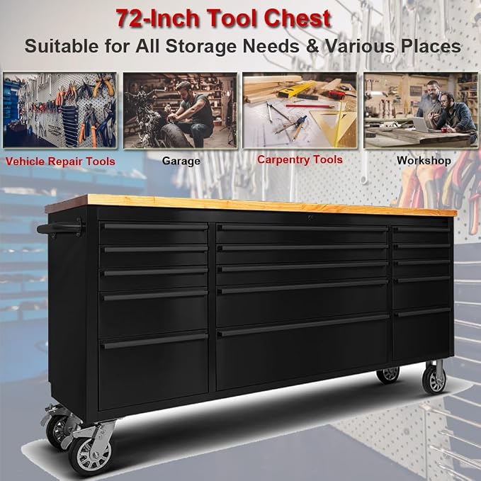 72" Rolling Tool Chest with 15 Drawers, Lockable Storage Cabinet, Assembled - Image 7