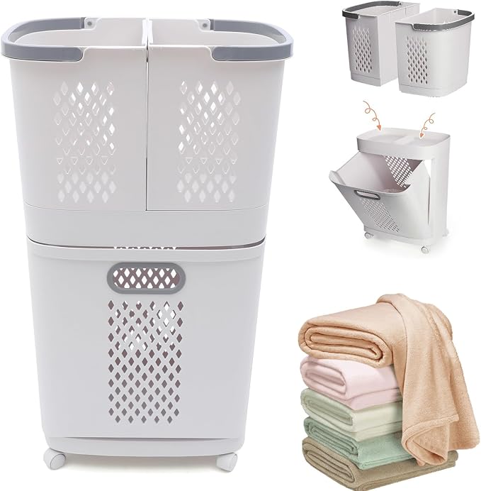 Laundry Basket on Wheels, 3 Section Detachable Laundry Hamper by DDBESSIC