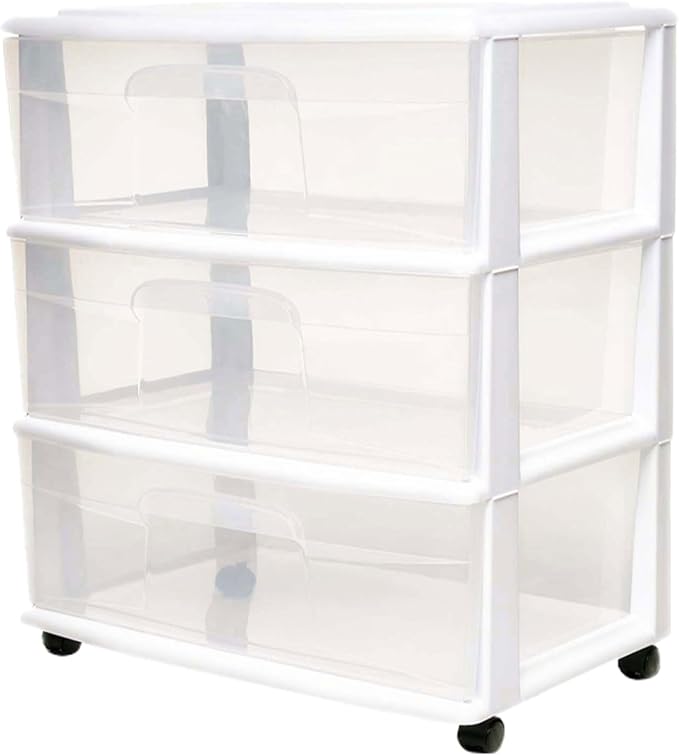 Homz Plastic 3 Drawer Wide Cart, 4 Casters Included, Home Office, and Dorm Rooms by Homz