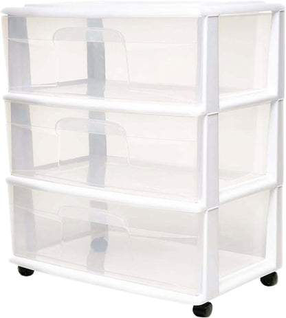 Homz Plastic 3 Drawer Wide Cart, 4 Casters Included, Home Office, and Dorm Rooms by Homz