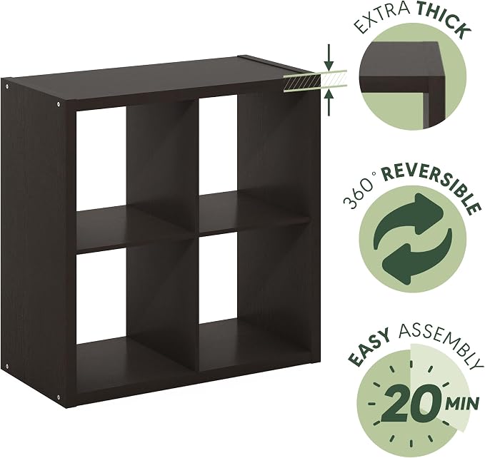 Furinno CUBICLE 4-Cube Book Shelf, Extra Thick Frame Bookshelf, Dark Oak | - Image 6