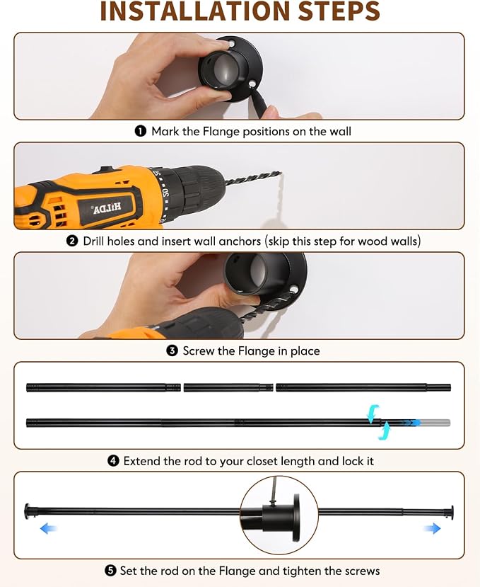 Closet Rods for Hanging Clothes, 18-92 Inch Stepless Adjustable Closet Rod - Image 8