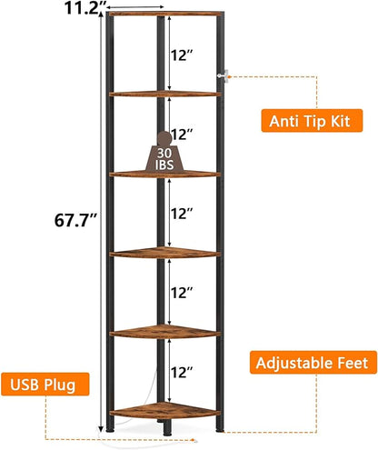 6 Tier Corner Shelf with LED Light, 67.5" Corner Narrow Bookshelf | Tall - Image 2
