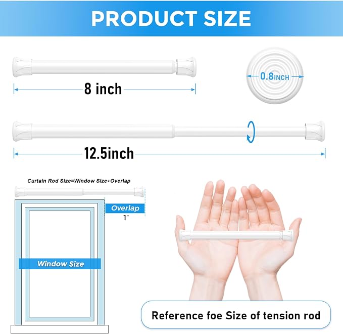 2 Pack Small Spring Tension Curtain Rod 8 to 12.5 Inch, Thin DIY Tension Rods - Image 2
