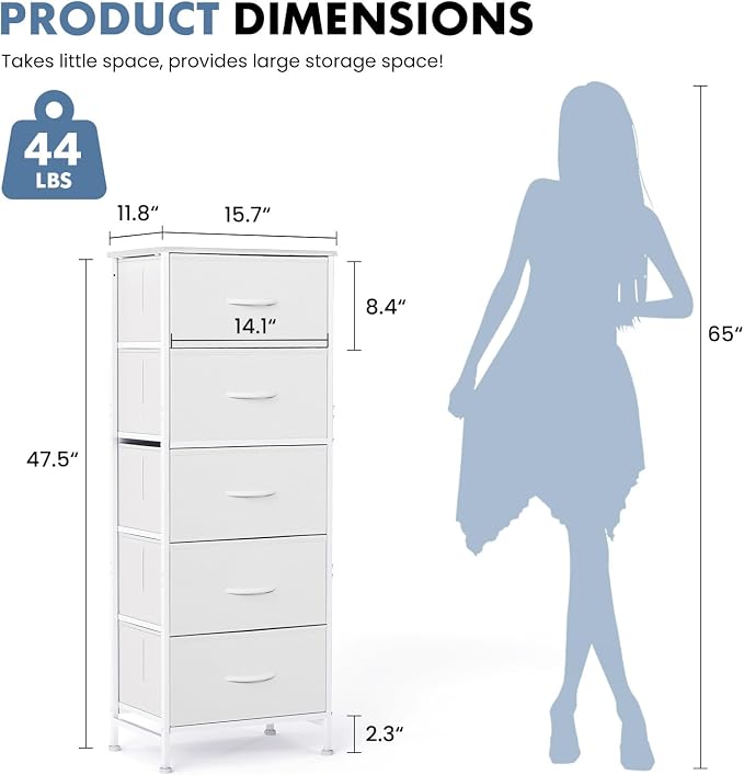 DUMOS Nightstand with 5 Drawers Bedside Table with Removable Fabric Bins Sturdy - Image 3