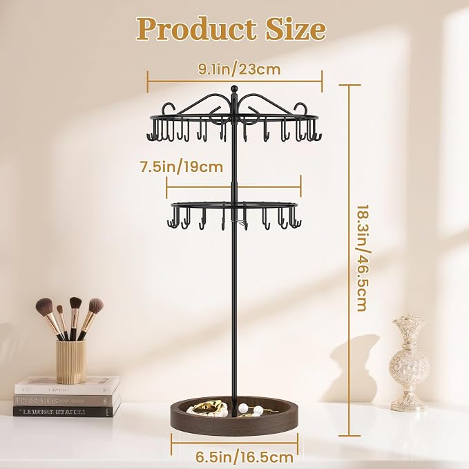 MODOWEY Rotating Necklace Holder Stand Organizer, 2 Tier Adjustable Extra Tall - Image 3