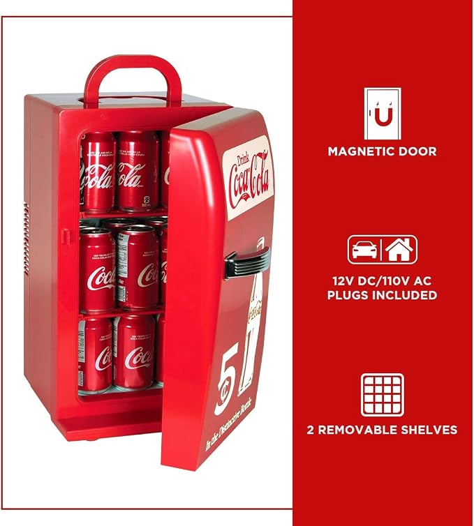Coca-Cola Retro 18 Can Mini Fridge w/ 12V DC and 110V AC Cords, Portable Cooler - Image 3