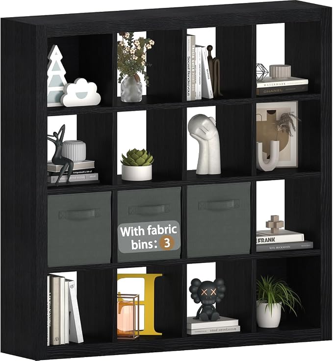 furtble Bookshelf with Storage Bins, 16-Cube Storage Organizer with Back Panels by furtble
