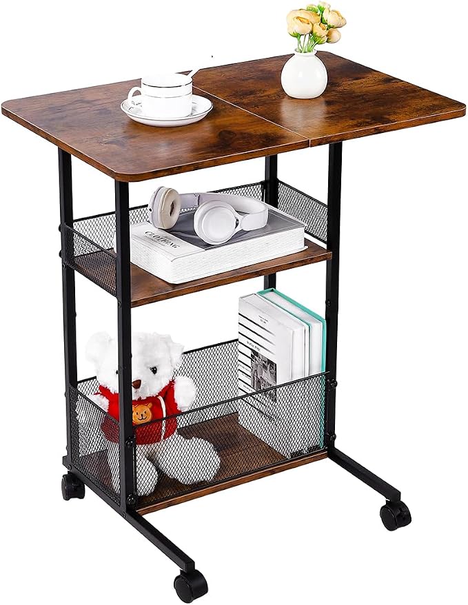 C Shaped End Table with Storage Shelf Basket, Small Couch Table with Wheels by AnlanborbyAnlanborHome