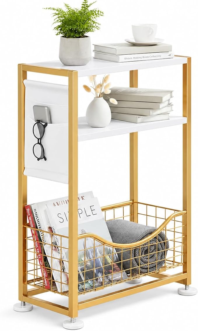 Skinny Side Table with Storage, 3 Tier Slim Side Tables by Zexvida