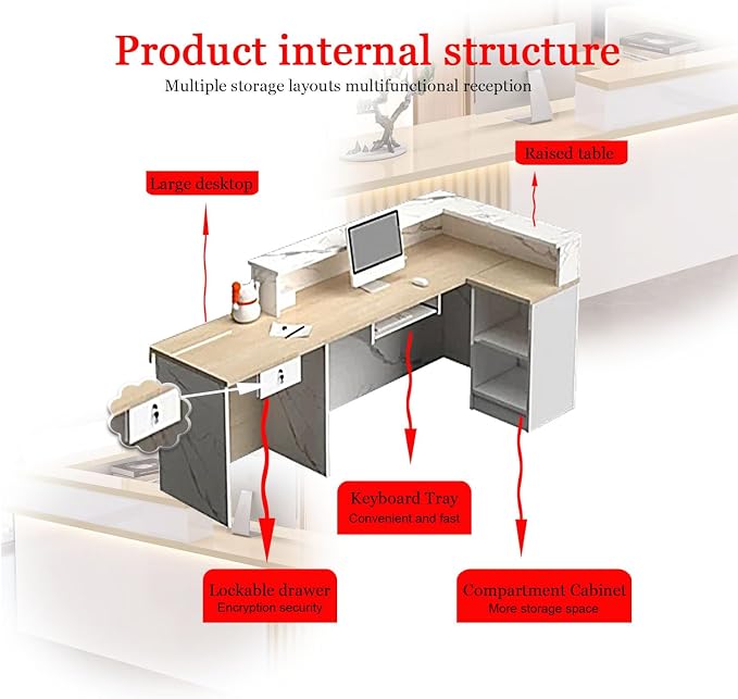 Receptionist Desk with LED Light，Wooden Salon Checkout Counter with Storage - Image 5