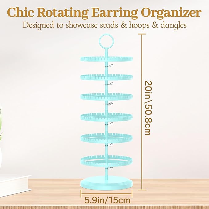 MODOWEY Rotating Earring Holder Organizer Adjustable Display, 6 Tiers Blue | - Image 2