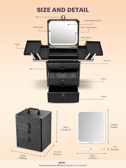 Qislee Makeup Box with Double Drawers and Four Trays, A Detachable Lighted - Image 3