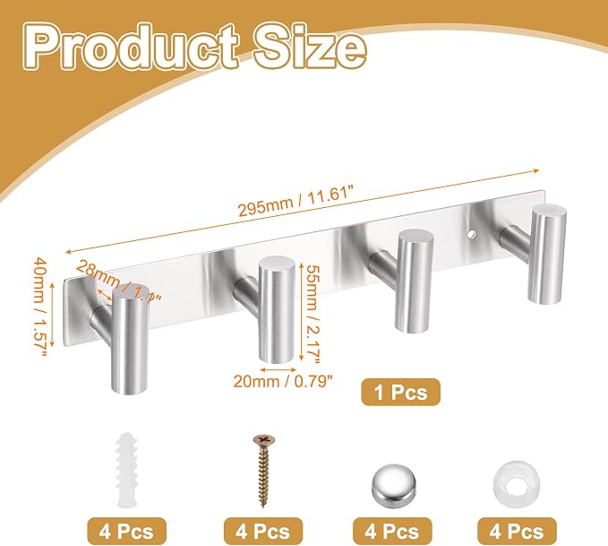 uxcell 1 Set Hat and Coat Wall Mount Rack, Stainless Steel 4 Hooks Towel Racks - Image 2
